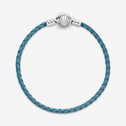 Bracelet en Cuir Tressé Pandora Turquoise Fermoir Coquillage 17,5 cm