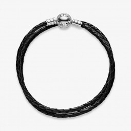 Double Bracelet en Cuir Noir Pandora Moments - 590745CBK-D3